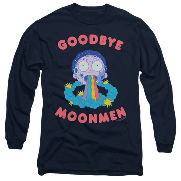 Navy men's long sleeve t-shirt with Rick and Morty Goodbye Moonmen graphic
