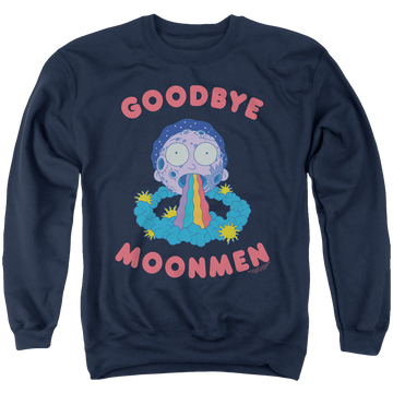 Navy men's crewneck sweatshirt with Rick and Morty Goodbye Moonmen graphic