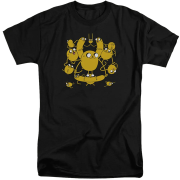Black men's tall fit t-shirt with Adventure Time Jakes graphic