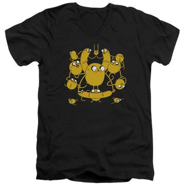 Black men's v-neck t-shirt with Adventure Time Jakes graphic