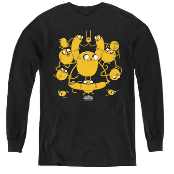 Black youth long sleeve t-shirt with Adventure Time Jakes graphic