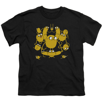 Black youth t-shirt for ages 8 to 12 with Adventure Time Jakes graphic