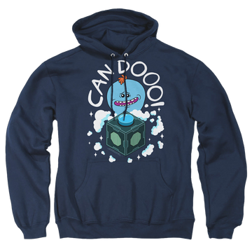 Navy pullover hoodie with Rick and Morty Can Do graphic