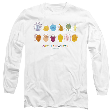White men's long sleeve t-shirt with Rick and Morty Get Schwifty graphic