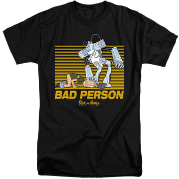 Black men's tall fit t-shirt with Rick and Morty Bad Person graphic