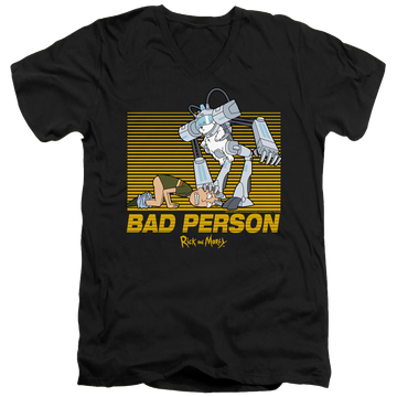 Black men's v-neck t-shirt with Rick and Morty Bad Person graphic