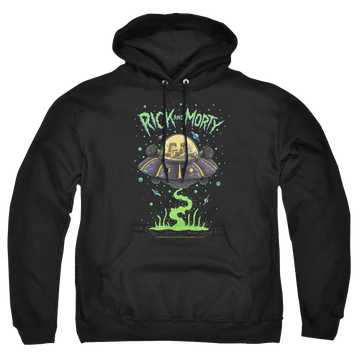 Black pullover hoodie with Rick and Morty Drunk Rick Ship graphic