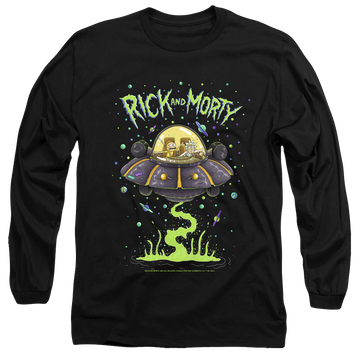 Black men's long sleeve t-shirt with Rick and Morty Drunk Rick Ship graphic