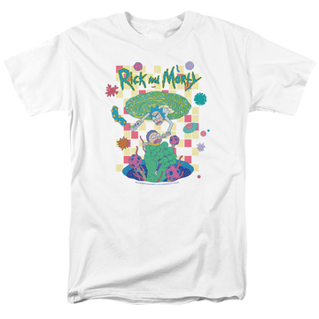 White men's regular fit t-shirt with Rick and Morty Falling Portals graphic