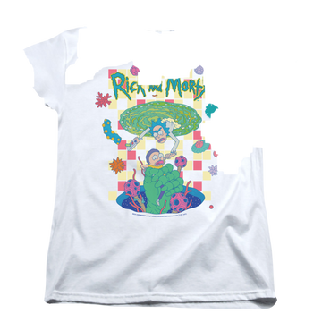 White women's t-shirt with Rick and Morty Falling Portals graphic