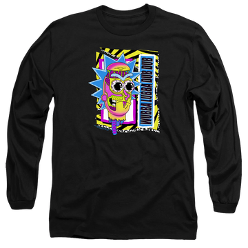 Black men's long sleeve t-shirt with Rick and Morty Wubba Lubba Dub Dub graphic