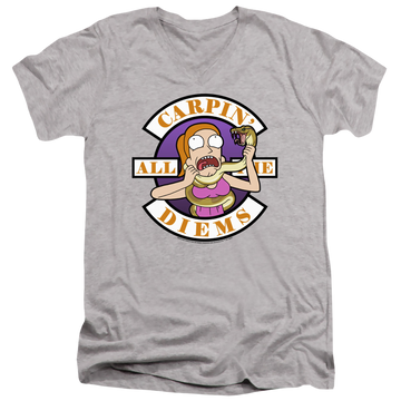 Athletic heather men's v-neck t-shirt with Rick and Morty Carp En All Them Diems graphic