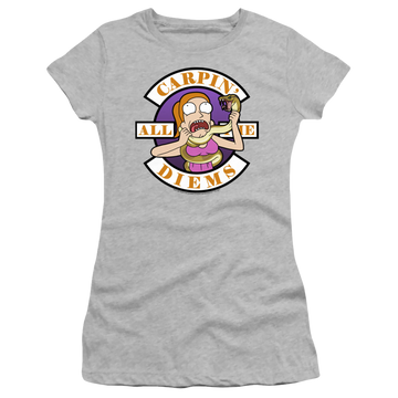 Athletic heather juniors t-shirt with Rick and Morty Carp En All Them Diems graphic