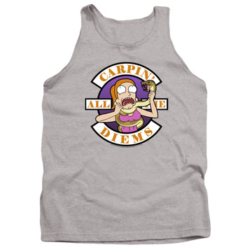 Athletic heather men's tank with Rick and Morty Carp En All Them Diems graphic