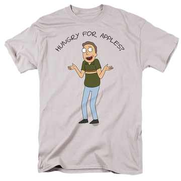Silver men's regular fit t-shirt with Rick and Morty Hungry For Apples graphic