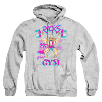 Athletic heather pullover hoodie with Rick and Morty Ricks Gym graphic