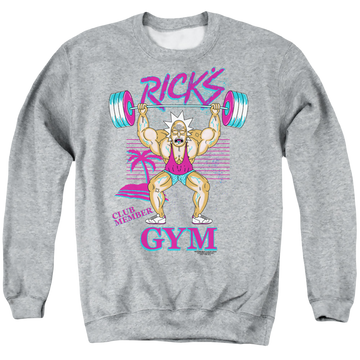 Athletic heather men's crewneck sweatshirt with Rick and Morty Ricks Gym graphic