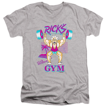 Athletic heather men's v-neck t-shirt with Rick and Morty Ricks Gym graphic