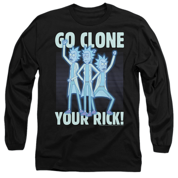 Black men's long sleeve t-shirt with Rick and Morty Go Clone Your Rick graphic