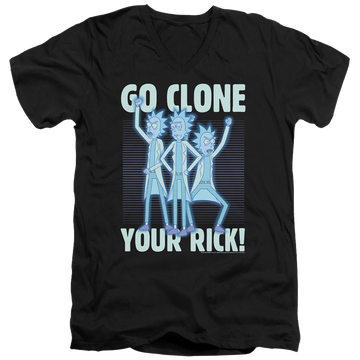 Black men's v-neck t-shirt with Rick and Morty Go Clone Your Rick graphic