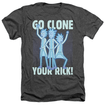 Charcoal men's heather t-shirt with Rick and Morty Go Clone Your Rick graphic