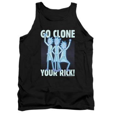 Black men's tank with Rick and Morty Go Clone Your Rick graphic