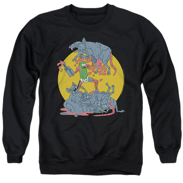 Black men's crewneck sweatshirt with Rick and Morty The Adventures Of Pickle Rick graphic