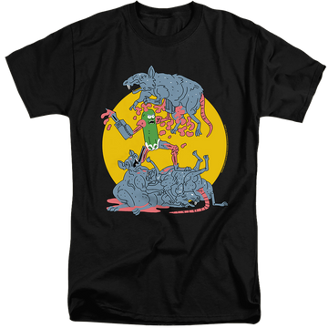 Black men's tall fit t-shirt with Rick and Morty The Adventures Of Pickle Rick graphic
