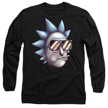 Black men's long sleeve t-shirt with Rick and Morty Cool Rick Alternate Reality graphic