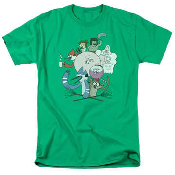 Kelly green men's regular fit t-shirt with Regular Show Regular Cast graphic
