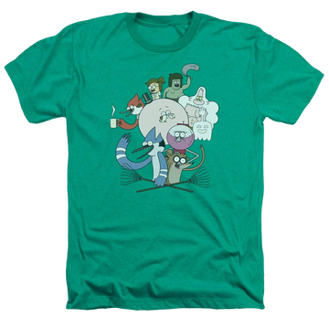 Kelly green men's heather t-shirt with Regular Show Regular Cast graphic