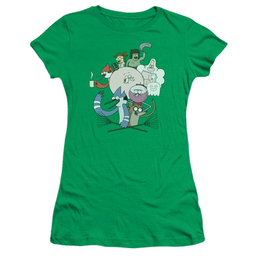 Kelly green juniors t-shirt with Regular Show Regular Cast graphic