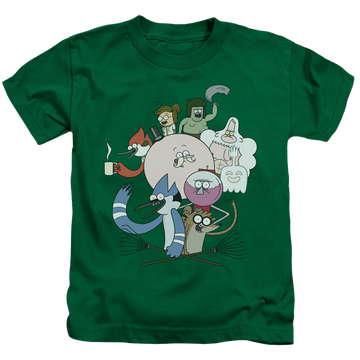 Kelly green kid's t-shirt for ages 4 to 7 with The Regular Show Regular Cast graphic