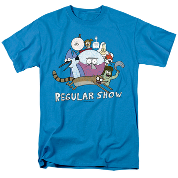 Turquoise men's regular fit t-shirt with The Regular Show Surrounding Benson graphic