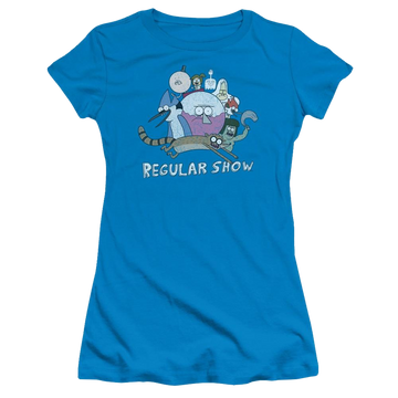 Turquoise juniors t-shirt with Regular Show Surrounding Benson graphic