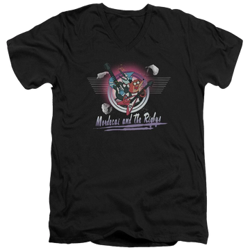 Black men's v-neck t-shirt with Regular Show Mordecai & The Rigbys graphic