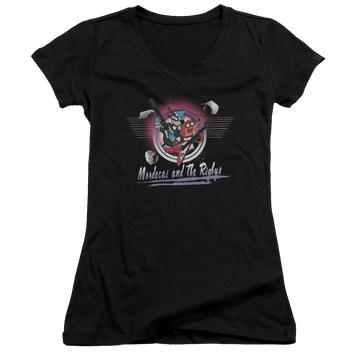 Black juniors v-neck t-shirt with Regular Show Mordecai & The Rigbys graphic