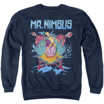 Navy men's crewneck sweatshirt with Rick and Morty Mr. Nimbus Design graphic