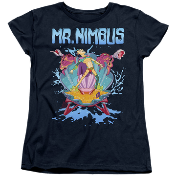 Navy women's t-shirt with Rick and Morty Mr. Nimbus Design graphic