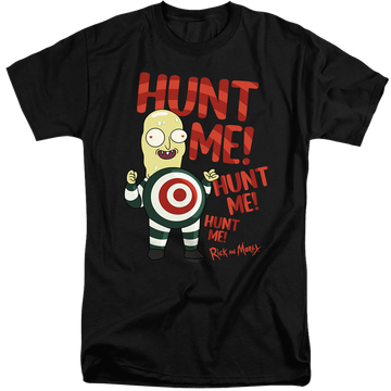 Black men's tall fit t-shirt with Rick and Morty Hunt Me graphic