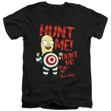 Black men's v-neck t-shirt with Rick and Morty Hunt Me graphic