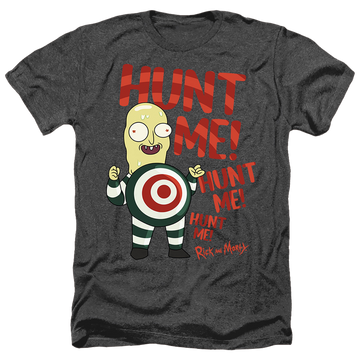 Black men's heather t-shirt with Rick and Morty Hunt Me graphic