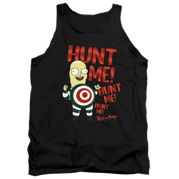 Black men's tank with Rick and Morty Hunt Me graphic