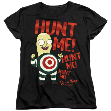 Black women's t-shirt with Rick and Morty Hunt Me graphic