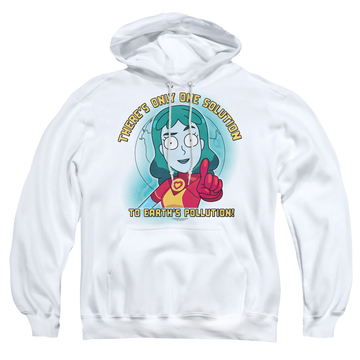 White pullover hoodie with Rick and Morty Planetina graphic