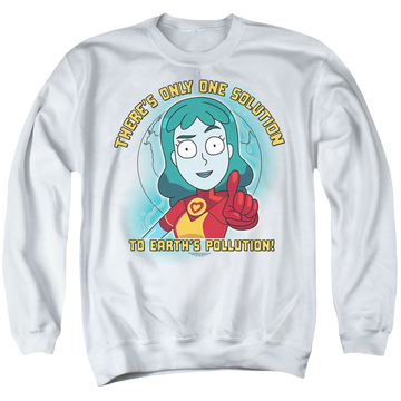White men's crewneck sweatshirt with Rick and Morty Planetina graphic