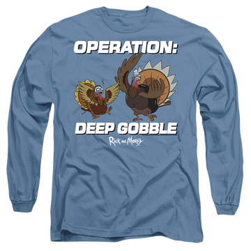 Carolina blue men's long sleeve t-shirt with Rick and Morty Operation Deep Gobble graphic
