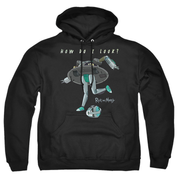 Black pullover hoodie with Rick and Morty How Do I Look? graphic
