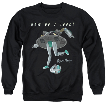 Black men's crewneck sweatshirt with Rick and Morty How Do I Look? graphic