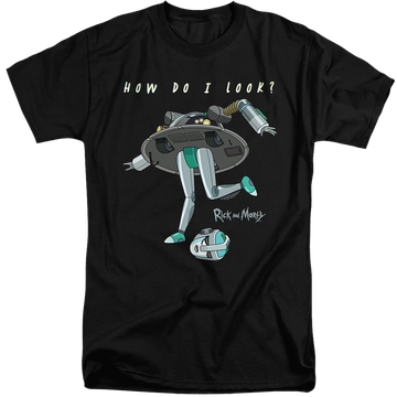 Black men's tall fit t-shirt with Rick and Morty How Do I Look? graphic